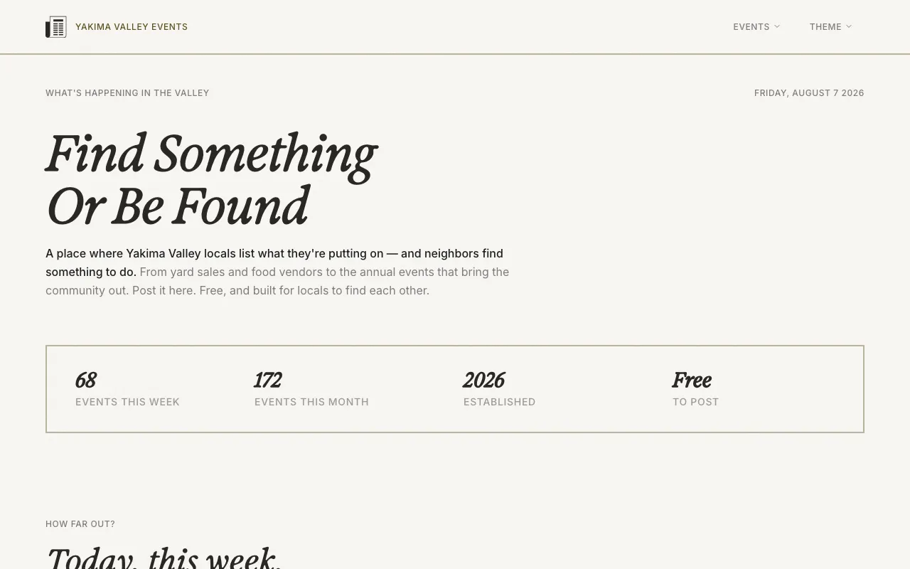 Event listing homepage with paths for today, this week, and the year ahead