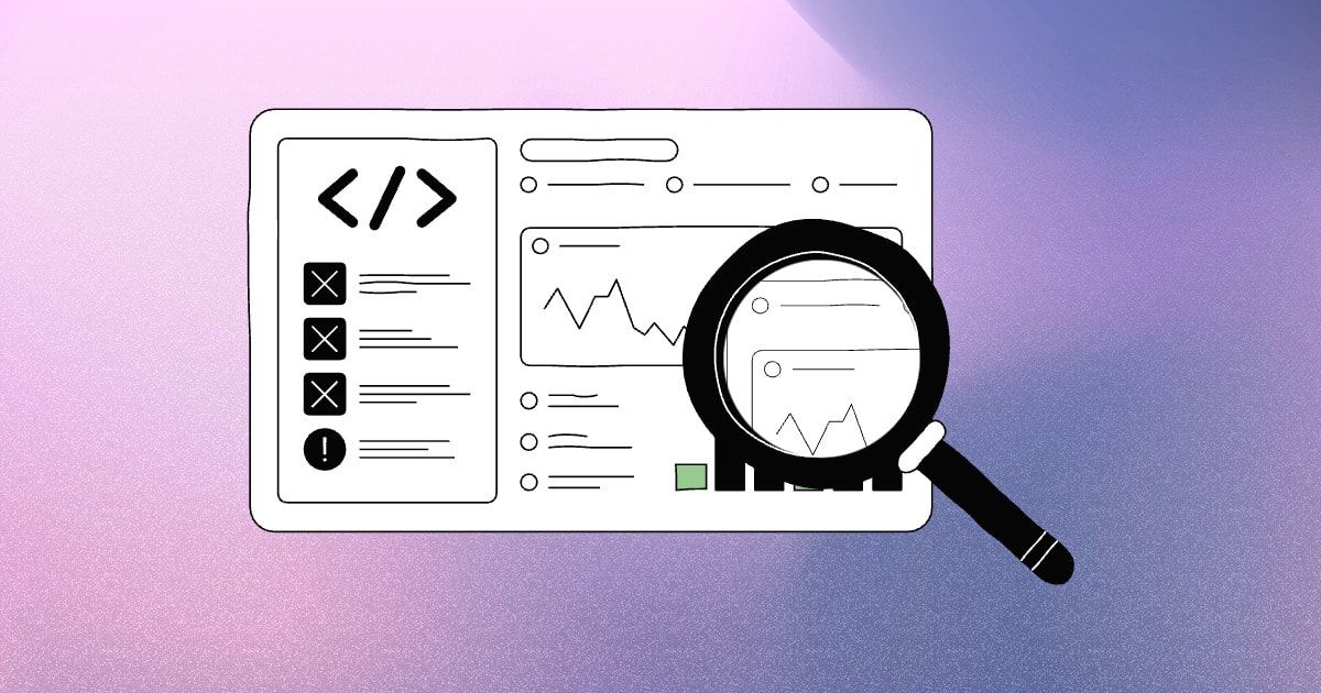 Hand-drawn illustration of an AI search results panel with cited website links and a magnifying glass over analytics charts