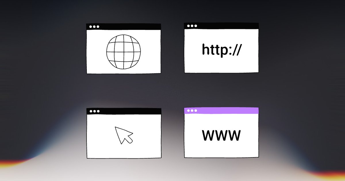 Four hand-drawn browser windows with a globe, http://, a cursor, and WWW